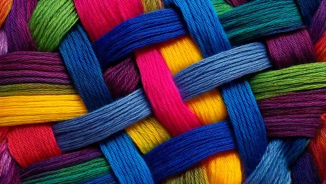 criss-crossing wool threads in navy blue, bright pink, purple, yellow