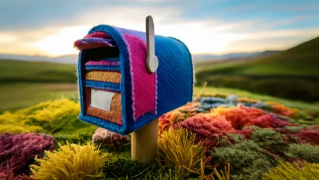 A mailbox made of multicoloured wool in a field