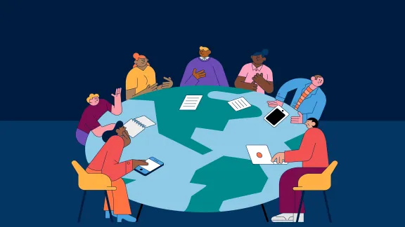 Illustration of many people sitting around a table with the world map discussing